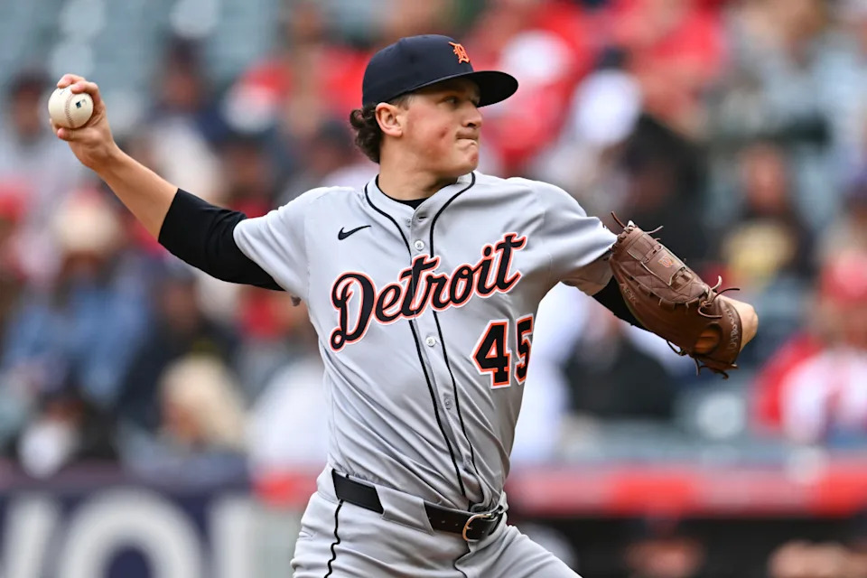 May 4, 2025; Anaheim, California, USA; Detroit Tigers starting pitcher Reese Olson (45) throws a pitch against the Los Angeles Angels during the first inning at Angel Stadium. Mandatory Credit: Jonathan Hui-Imagn Images© Jonathan Hui-Imagn Images