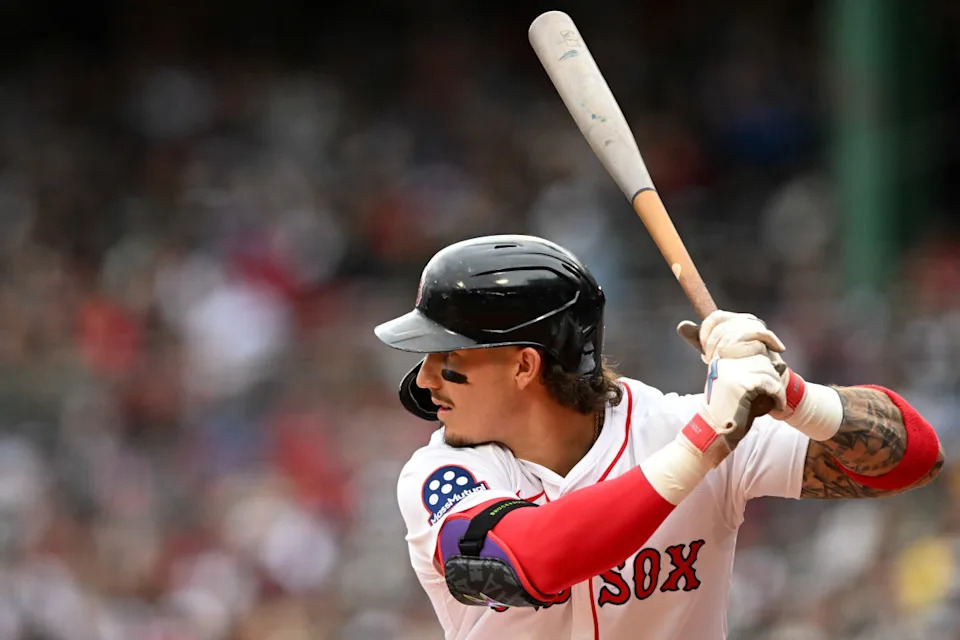 Boston Red Sox left fielder Jarren Duran (16) bats against the Baltimore Orioles during the first inning at Fenway Park.Brian Fluharty-Imagn Images