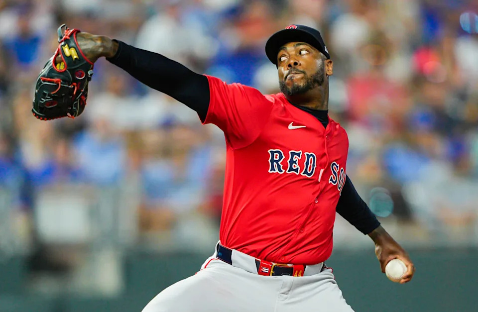 Boston Red Sox relief pitcher Aroldis Chapman (44) pitches against the Kansas City Royals at Kauffman Stadium.Jay Biggerstaff-Imagn Images