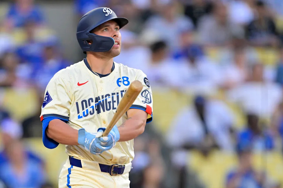 Los Angeles Dodgers catcher Dalton Rushing (68) hits a three-run home run in the eighth inning against the New York Yankees at Dodger Stadium. Jayne Kamin-Oncea-Imagn Images
