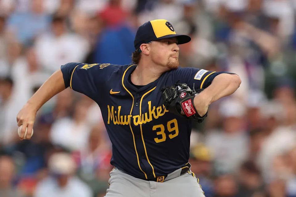 CHICAGO, ILLINOIS - JUNE 17: Chad Patrick #39 of the Milwaukee Brewers pitches during the first inning against the Chicago Cubs at Wrigley Field on June 17, 2025 in Chicago, Illinois. (Photo by Geoff Stellfox/Getty Images)
