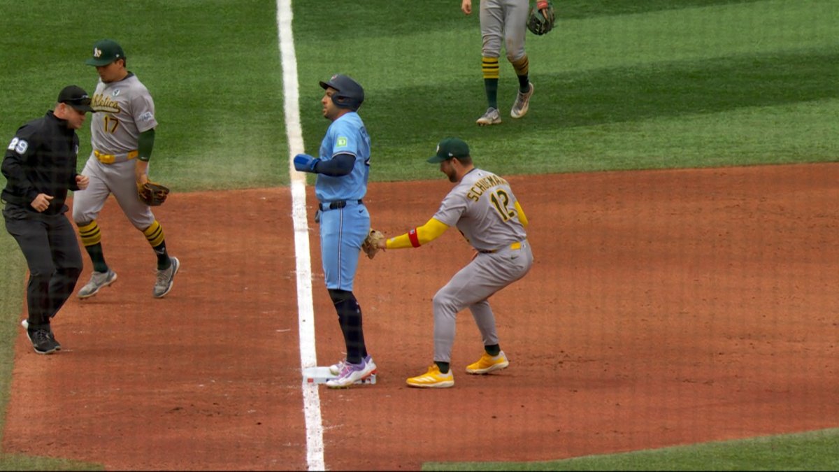 Athletics tag George Springer out as he hops on base in bizarre play – NBC Sports Bay Area & California