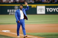 Former Texas Rangers shortstop Elvis Andrus waves to fans during his Texas Rangers Baseball...