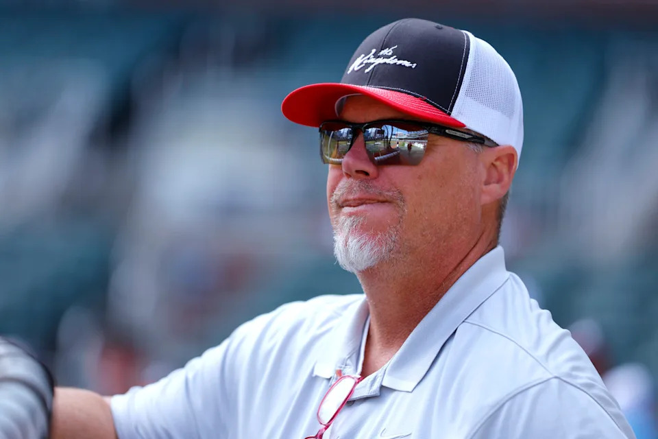 ATLANTA, GA - APRIL 08: Hall of Famer Chipper Jones looks on during batting practice prior to the game between the New York Mets and the Atlanta Braves at Truist Park on Monday, April 8, 2024 in Atlanta, Georgia. (Photo by Todd Kirkland/MLB Photos via Getty Images)Todd Kirkland/Getty Images