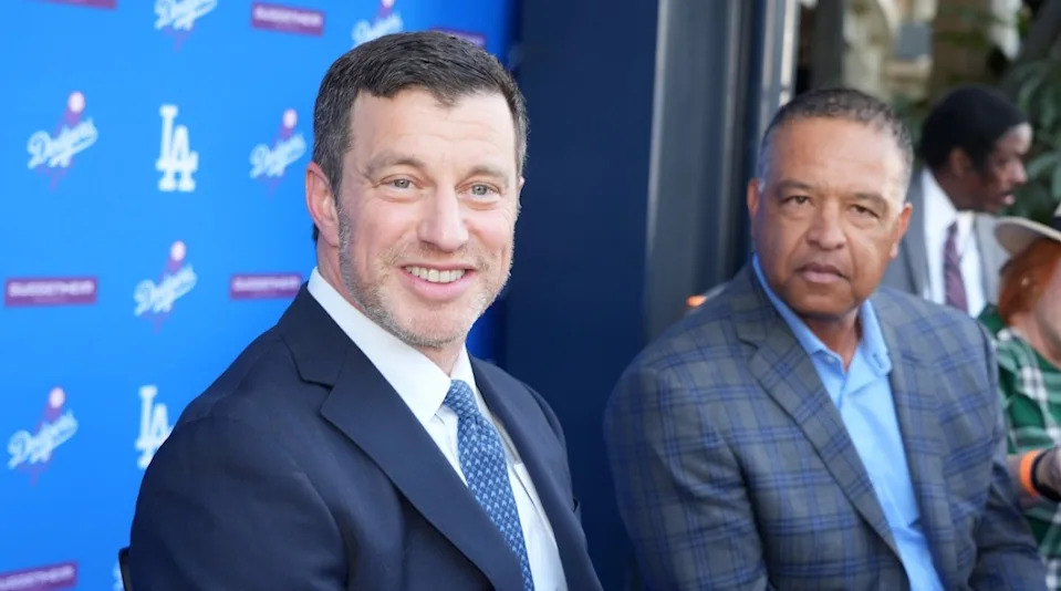 Los Angeles Dodgers president of baseball operations Andrew Friedman (left) and manager Dave Roberts at press conference at Dodger Stadium.Kirby Lee-USA TODAY Sports