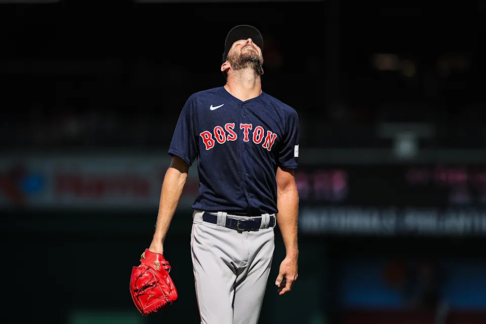 WASHINGTON, DC - AUGUST 17: Chris Sale #41 of the Boston Red Sox reacts against the Washington Nationals during the first inning at Nationals Park on August 17, 2023 in Washington, DC. (Photo by Scott Taetsch/Getty Images)