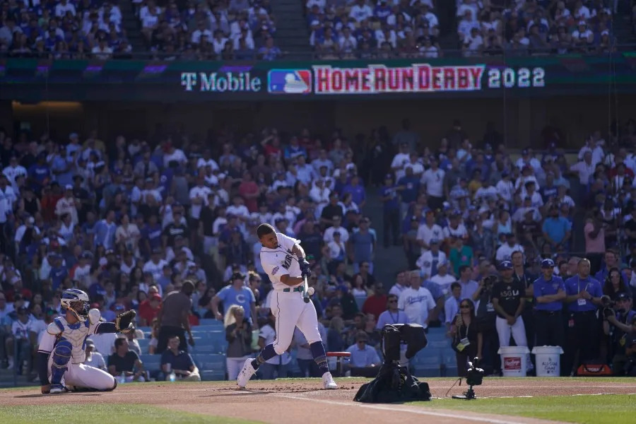 American League’s Julio Rodriguez, of the Seattle Mariners, bats during the MLB All-Star baseball Home Run Derby, Monday, July 18, 2022, in Los Angeles. (AP Photo/Mark J. Terrill)