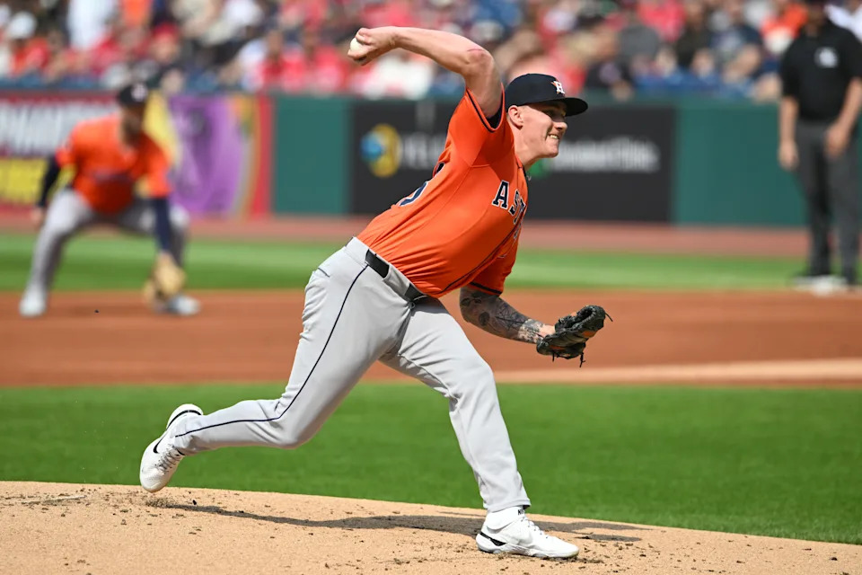 CLEVELAND, OHIO - JUNE 07: Hunter Brown #58 of the Houston Astros throws a pitch during the first inning against the Cleveland Guardians at Progressive Field on June 07, 2025 in Cleveland, Ohio. (Photo by Nick Cammett/Getty Images)