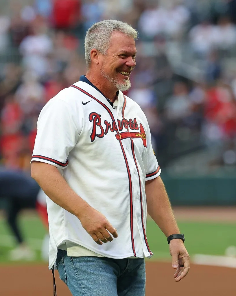 The Braves’ Chipper Jones throws out the ceremonial first pitch on <br>April 22, in Atlanta. Getty Images