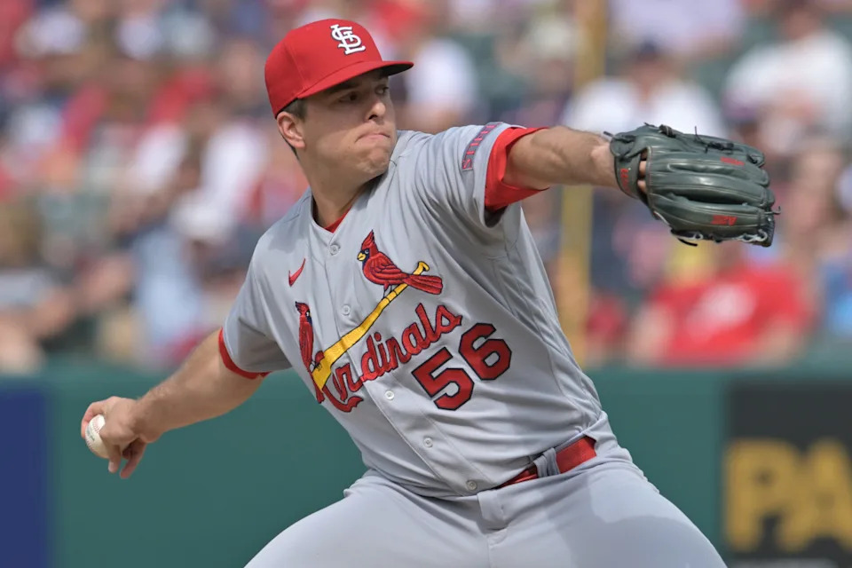 St. Louis Cardinals relief pitcher Ryan Helsley (56) throws a pitch during the ninth inning against the Cleveland Guardians at Progressive Field.Ken Blaze-Imagn Images