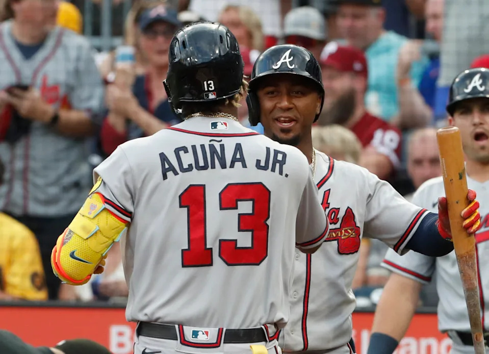 Atlanta Braves second baseman Ozzie Albies (1) and right fielder Ronald Acuna Jr. (13) Charles LeClaire-Imagn Images