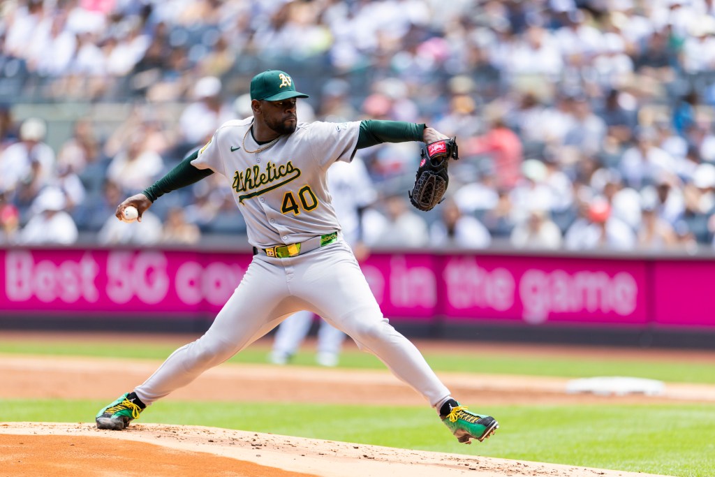 Luis Severino pitches during the A's-Yankees game on June 29, 2025. 