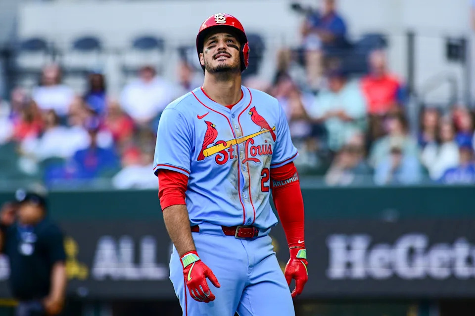 St. Louis Cardinals' Nolan Arenado looks up at video board during the fourth inning of a baseball game against the Texas Rangers Saturday, May 31, 2025, in Arlington, Texas. (AP Photo/Ronaldo Bolaños)