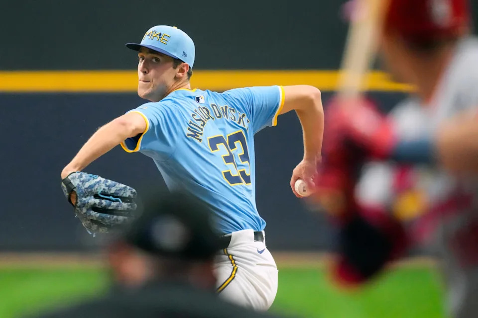 Jun 12, 2025; Milwaukee, Wisconsin, USA; Milwaukee Brewers pitcher Jacob Misiorowski (33) throws a pitch during the third inning against the St. Louis Cardinals at American Family Field. Mandatory Credit: Jeff Hanisch-Imagn Images