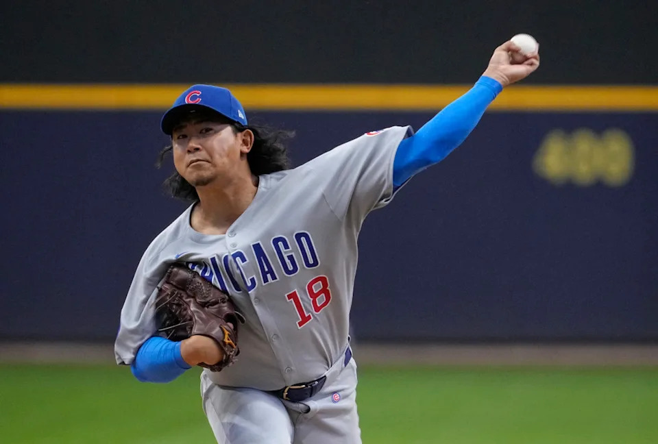 Chicago Cubs pitcher Shota Imanaga (18) delivers a pitch against the Milwaukee Brewers in the first inning at American Family Field.Michael McLoone-Imagn Images