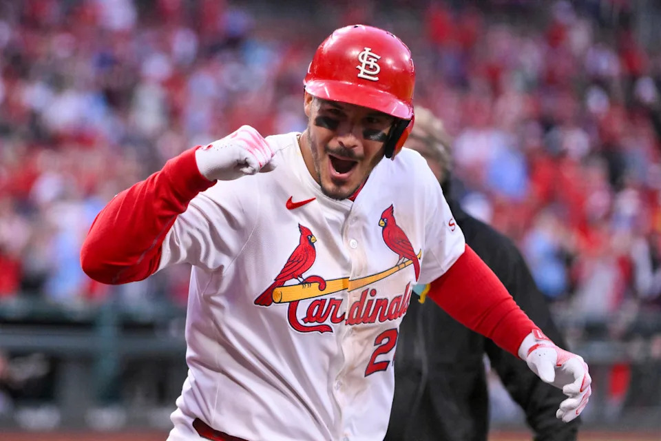 St. Louis Cardinals third baseman Nolan Arenado (28) reacts after hitting a solo home run against the Minnesota Twins during the eighth inning at Busch Stadium.Jeff Curry-Imagn Images