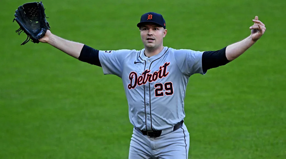 Detroit Tigers pitcher Tarik Skubal celebrates after an inning-ending double play against the Cleveland Guardians during Game 2 of the ALDS at Progressive Field on Oct. 7, 2024.David Richard-Imagn Images