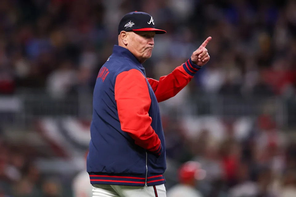 Atlanta Braves manager Brian Snitker (43) makes a pitching change against the Philadelphia Phillies in the fifth inning at Truist Park.Brett Davis-Imagn Images