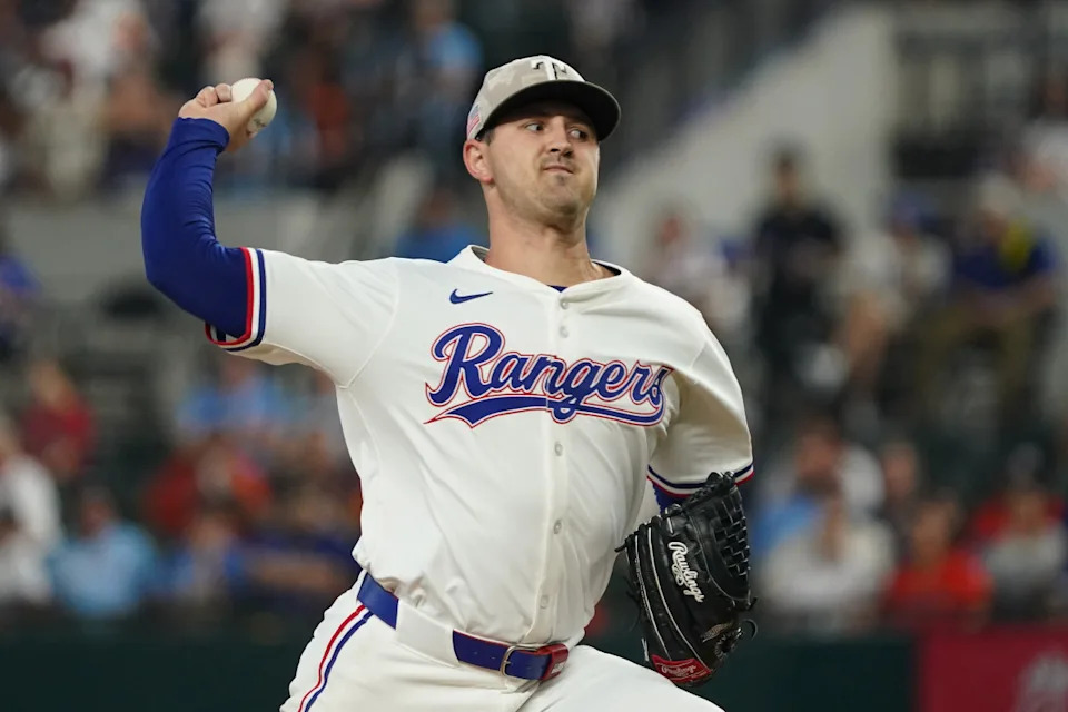 Texas Rangers pitcher Tyler Mahle (51) throws to the plate during the first inning against the Houston Astros at Globe Life Field.Raymond Carlin III-Imagn Images