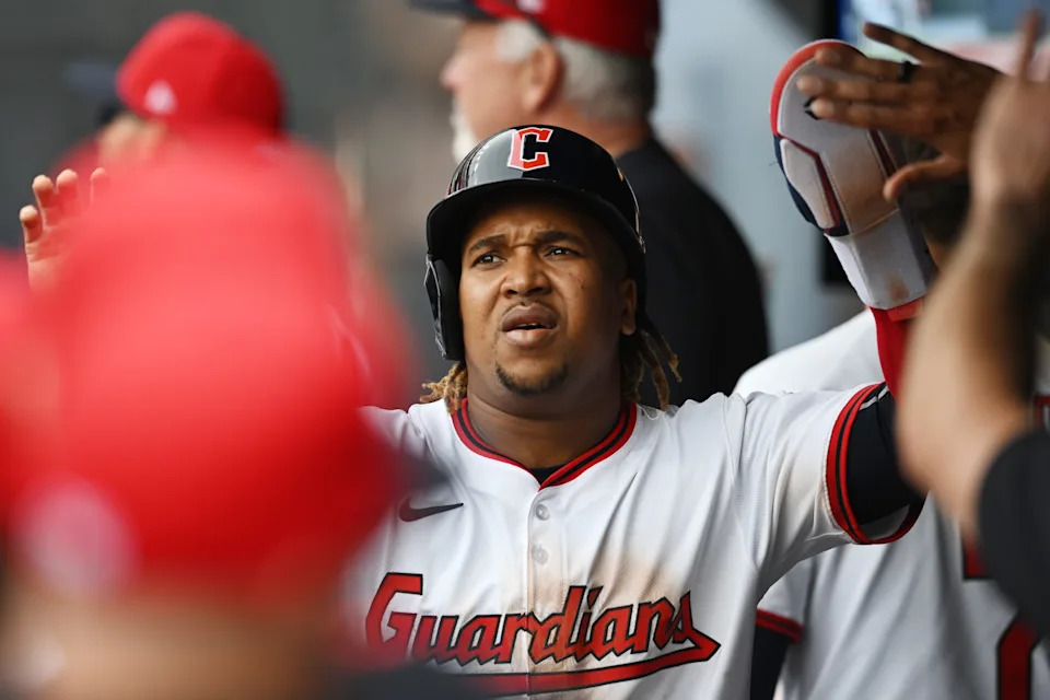 Jun 7, 2025; Cleveland, Ohio, USA; Cleveland Guardians designated hitter Jose Ramirez (11) celebrates after scoring during the sixth inning against the Houston Astros at Progressive Field. Mandatory Credit: Ken Blaze-Imagn Images