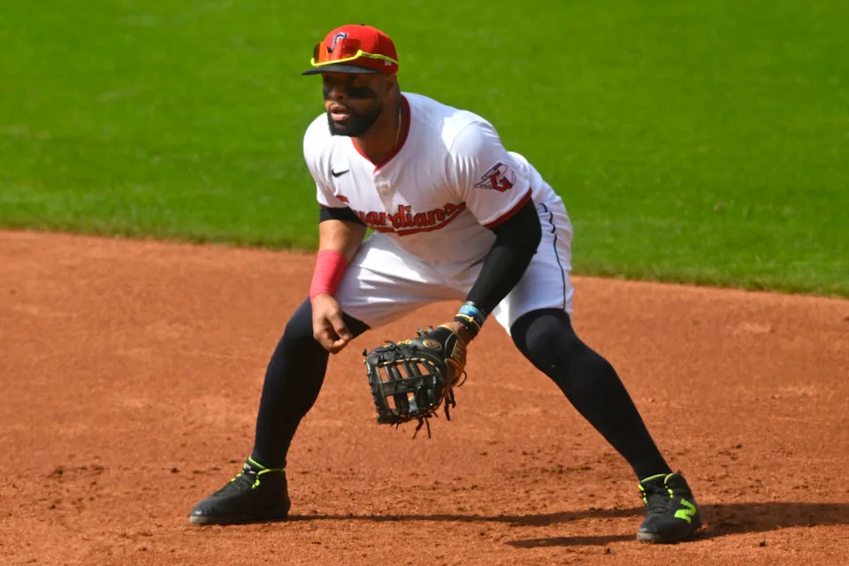 May 31, 2025; Cleveland, Ohio, USA; Cleveland Guardians first baseman Carlos Santana (41) stands on the field in the second inning against the Los Angeles Angels at Progressive Field. Mandatory Credit: David Richard-Imagn Images