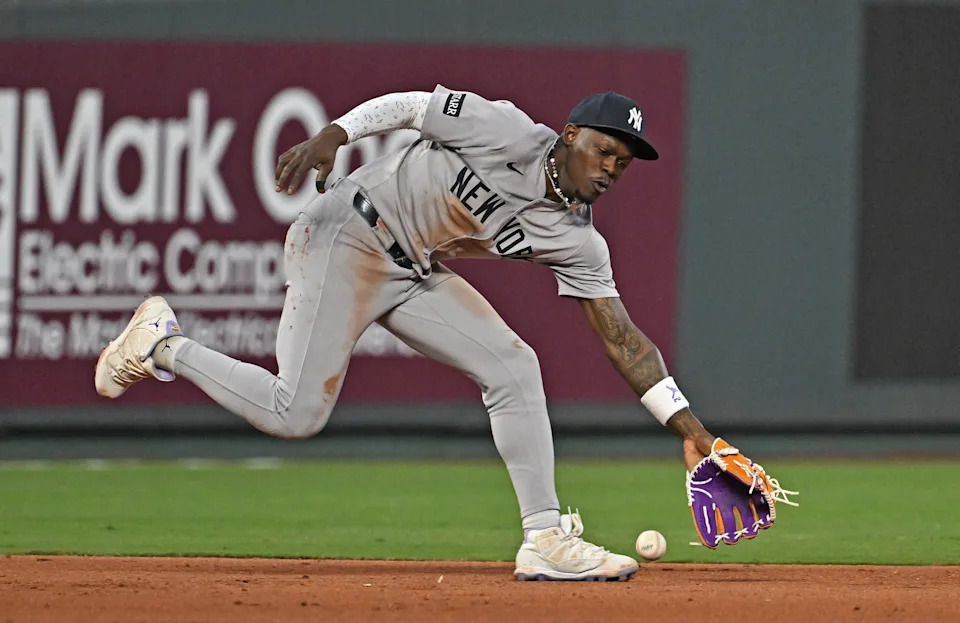 Jun 10, 2025; Kansas City, Missouri, USA; New York Yankees third baseman Jazz Chisholm Jr. (13) fields a ground ball in the sixth inning against the Kansas City Royals at Kauffman Stadium. Mandatory Credit: Peter Aiken-Imagn Images