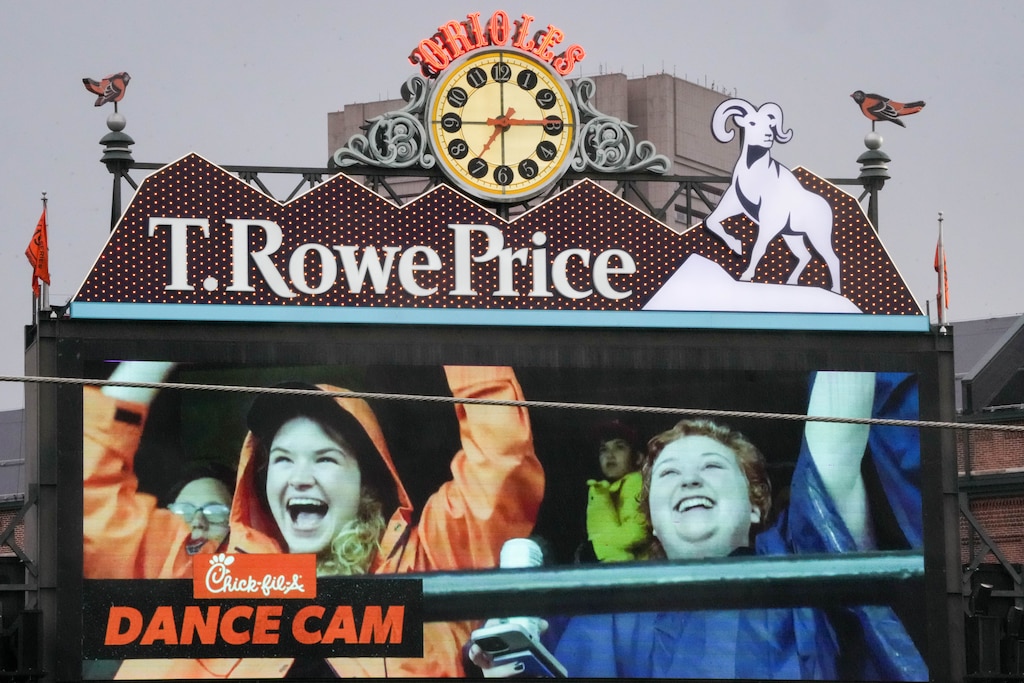 Baltimore Orioles fans dance during the Chick-fil-A Cam in a game against the St. Louis Cardinals at Oriole Park at Camden Yards in Baltimore, Md. on Tuesday, May 27, 2025.