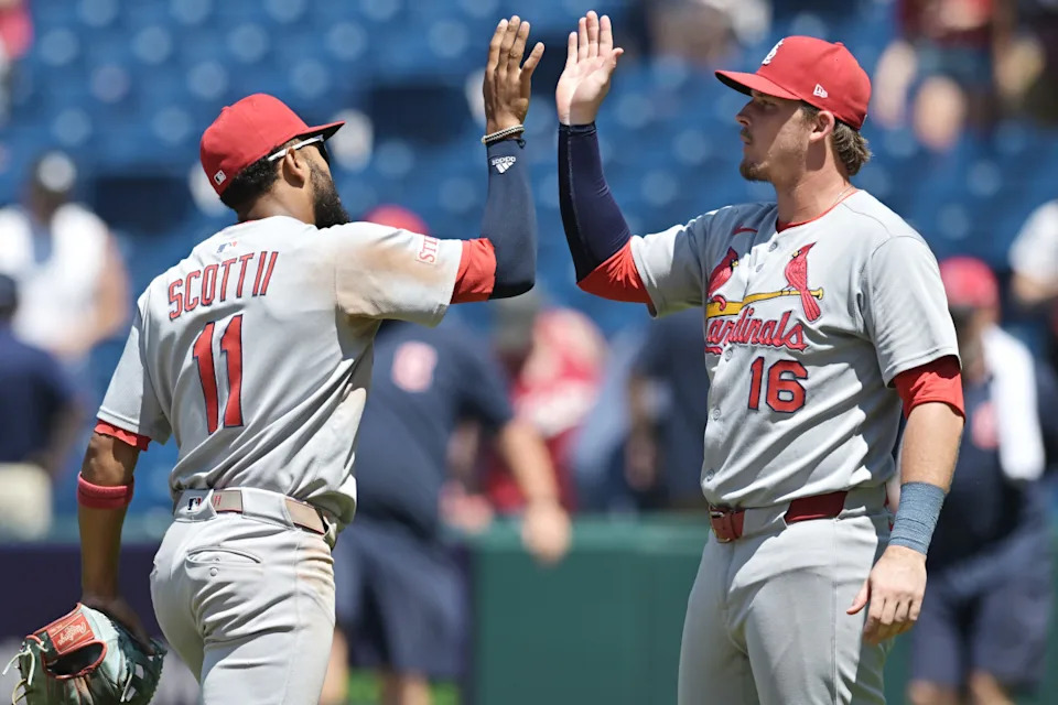Cardinals center fielder Victor Scott II (11) and designated hitter Nolan Gorman (16).Ken Blaze-Imagn Images