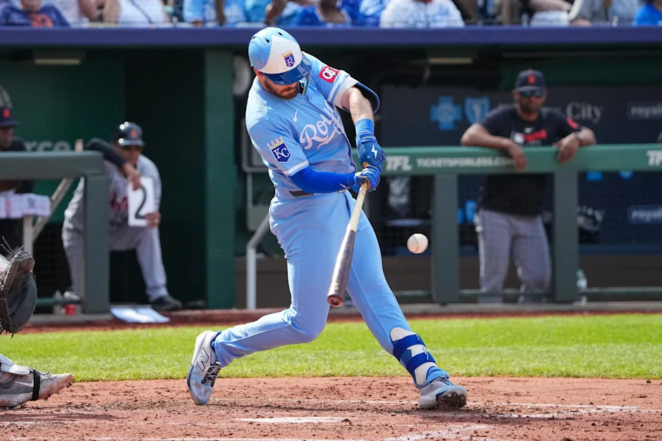 Kansas City Royals left fielder Nick Loftin (12) hits a single against the Detroit Tigers in the fifth inning at Kauffman Stadium in Kansas City, Missouri, on Saturday, May 31, 2025.
