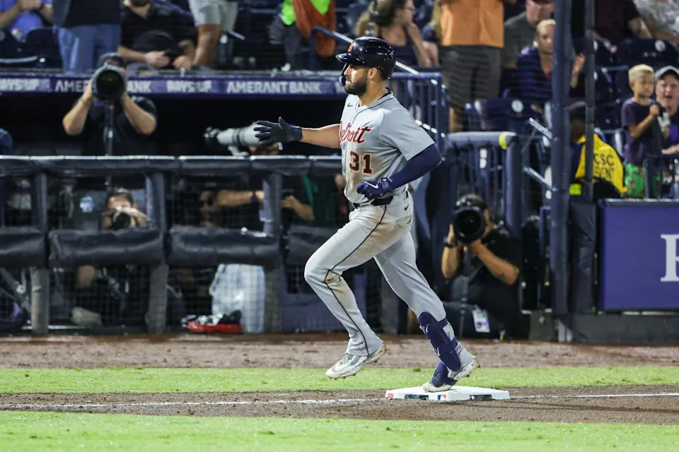 Riley Greene rounds the bases at Steinbrenner Field in Tampa. © Mike Watters-Imagn Images
