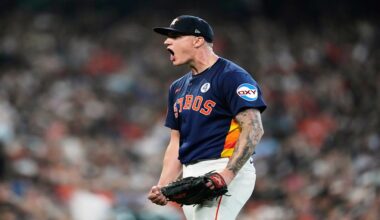 Houston Astros starting pitcher Hunter Brown reacts after Tampa Bay Rays designated hitter Yandy Diaz grounds out during the sixth inning of a baseball game in Houston, Sunday, June 1, 2025. (AP Photo/Ashley Landis)