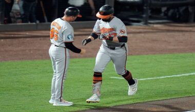 Baltimore Orioles' Colton Cowser (17) celebrates with interim third base/infield coach Buck Britton (46) after his solo home run off Tampa Bay Rays pitcher Zack Littell during the fifth inning of a baseball game Tuesday, June 17, 2025, in Tampa, Fla. (AP Photo/Chris O'Meara)