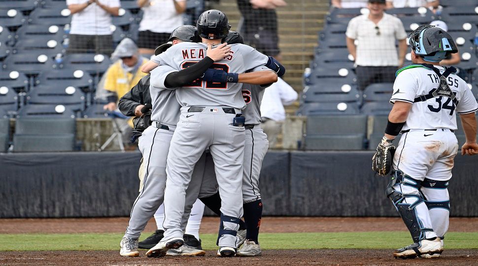 Tampa Bay Rays catcher Matt Thaiss (34) looks away as Detroit Tigers' Parker Meadows celebrates his three-run home run during the ninth inning of a baseball game against the Tampa Bay Rays, Sunday, June 22, 2025, in Tampa, Fla. (AP Photo/Jason Behnken)