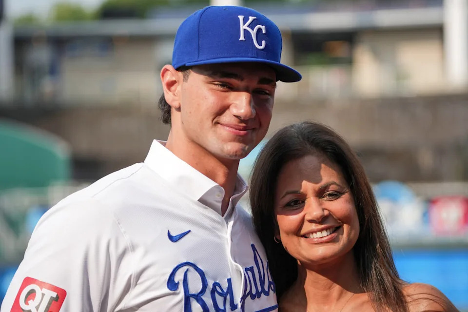 Kansas City Royals first round draft pick Jac Caglianone poses with his mother JohanneDenny Medley-Imagn Images