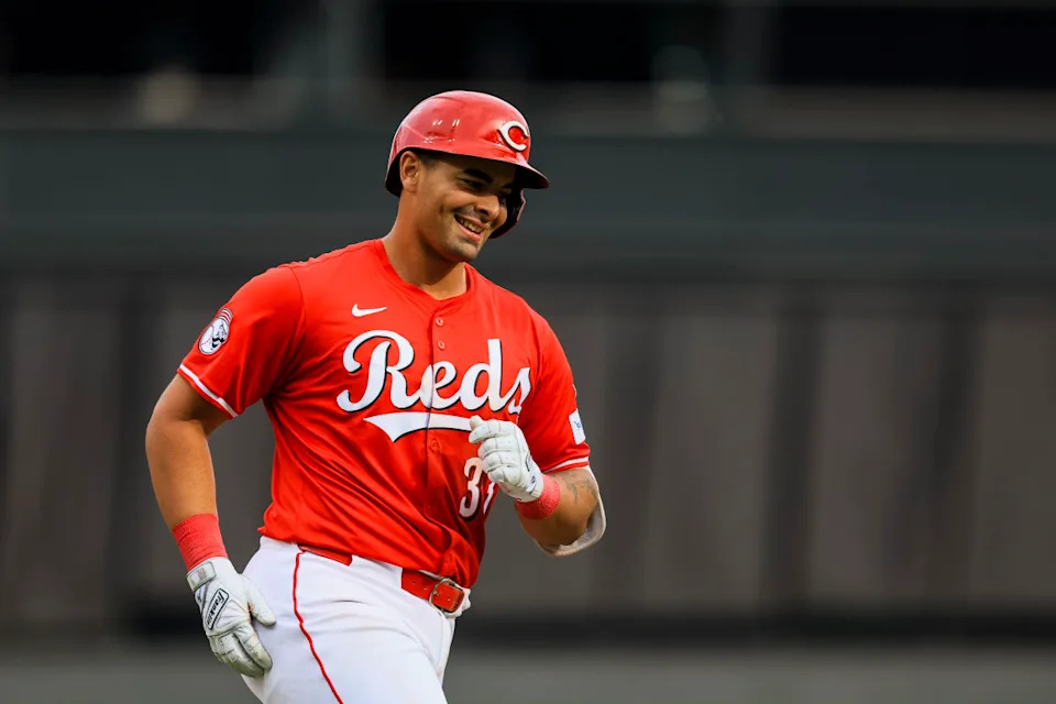 Mar 29, 2025; Cincinnati, Ohio, USA; Cincinnati Reds first baseman Christian Encarnacion-Strand (33) runs the bases after hitting a solo home run in the sixth inning against the San Francisco Giants at Great American Ball Park. Mandatory Credit: Katie Stratman-Imagn Images© Katie Stratman-Imagn Images