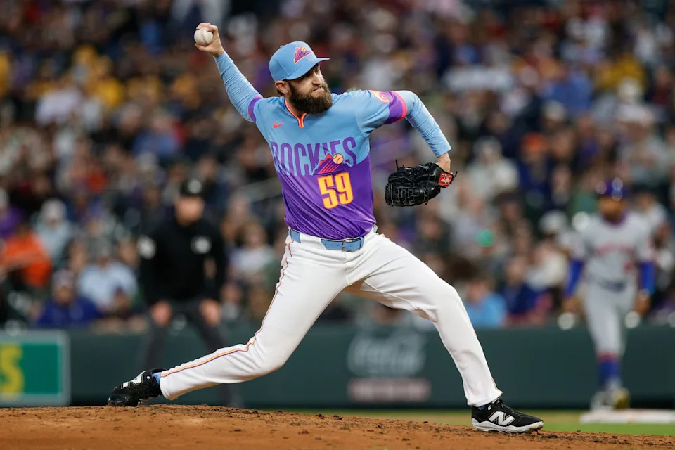 Jun 6, 2025; Denver, Colorado, USA; Colorado Rockies relief pitcher Jake Bird (59) pitches in the sixth inning against the New York Mets at Coors Field. Isaiah J&period; Downing-Imagn Images