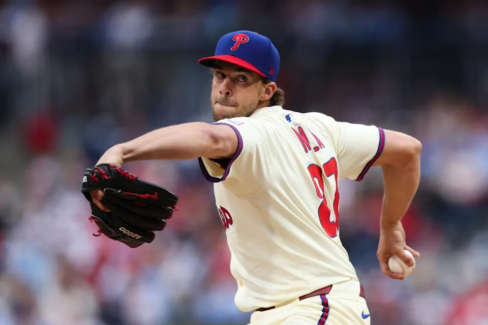 Philadelphia Phillies pitcher Aaron Nola (27) throws a pitch during the second inning against the Arizona Diamondbacks at Citizens Bank Park.Bill Streicher-Imagn Images
