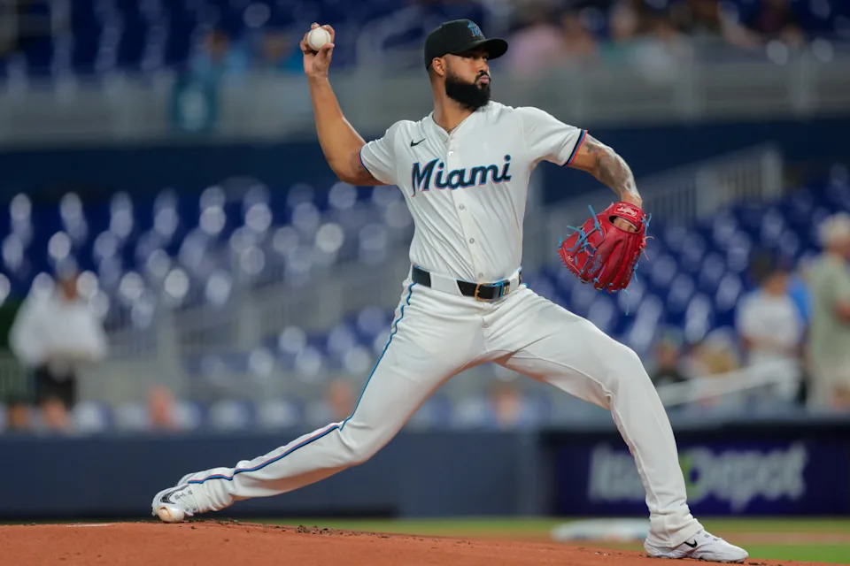 Miami Marlins starting pitcher Sandy Alcantara (22) delivers a pitch against the Colorado Rockies during the first inning at loanDepot Park.Sam Navarro-Imagn Images