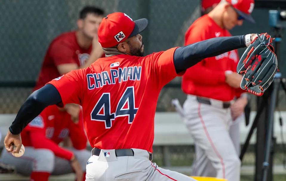 Boston Red Sox pitcher Aroldis Chapman (44) during the first day of spring training at Jet Blue Park at Fenway South.Chris Tilley-Imagn Images