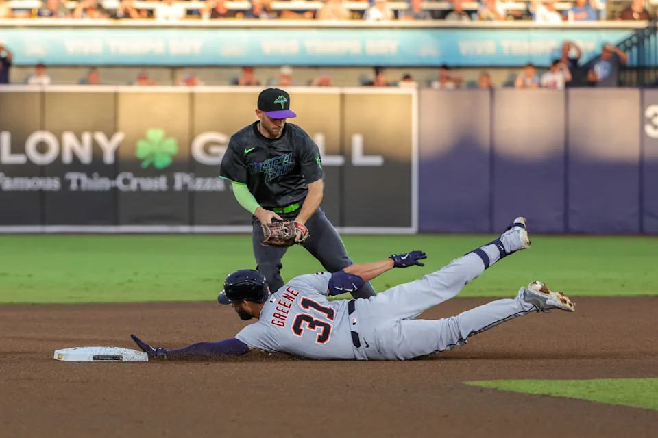 Riley Greene slides safely into second base on June 20 against the Rays. © Mike Watters-Imagn Images