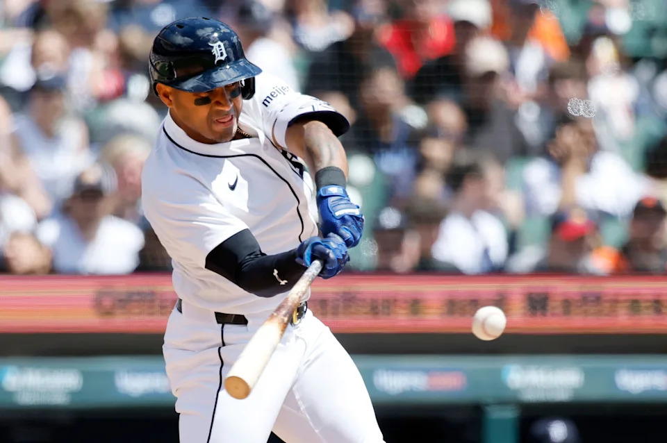 Andy Ibanez of the Detroit Tigers hits an RBI single against the Cleveland Guardians to drive in Gleyber Torres during the fourth inning at Comerica Park in Detroit on Sunday, May 25, 2025.