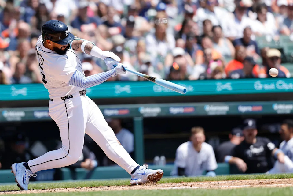 Detroit Tigers second baseman Gleyber Torres (25) hits a double in the third inning against the Cincinnati Reds at Comerica Park in Detroit on Sunday, June 15, 2025.