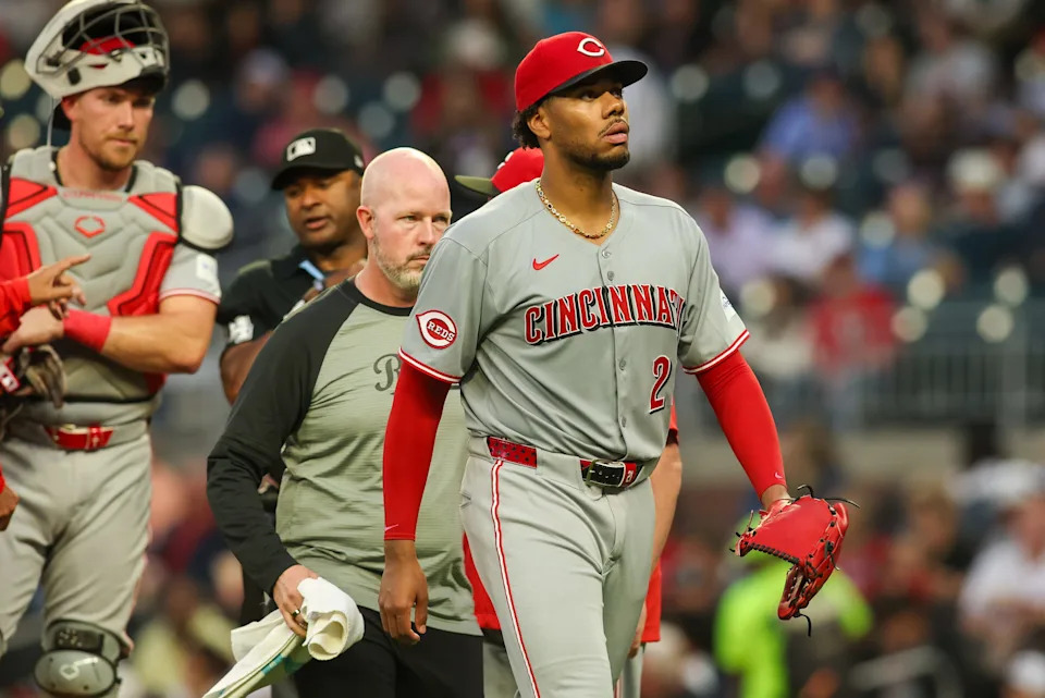 Hunter Greene had to leave the game after throwing two warmup pitches before the fourth inning against the Atlanta Braves on May 7. Greene is on the injured list after being put on the IL on June 4.