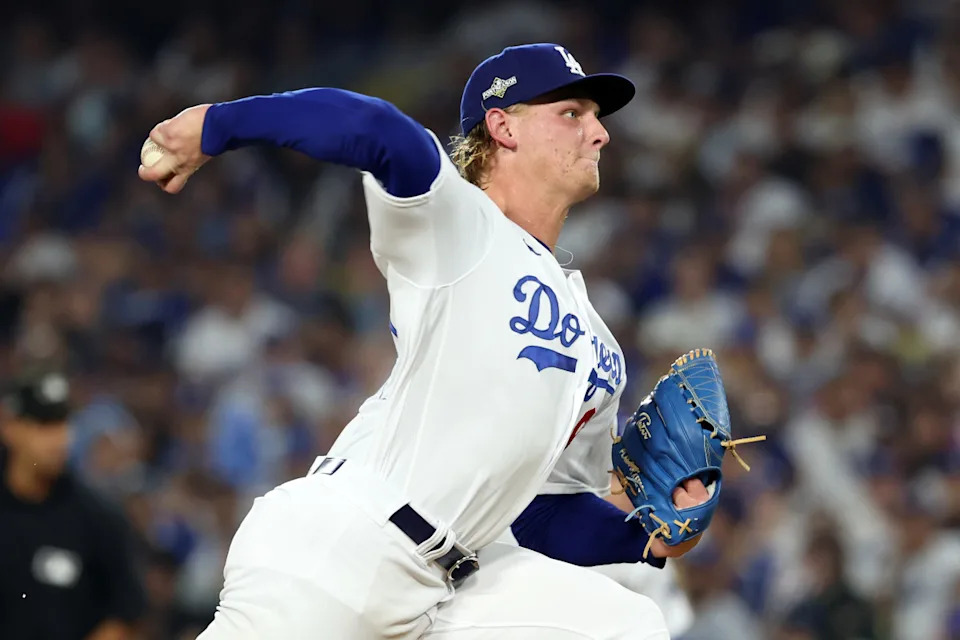Los Angeles Dodgers starting pitcher Emmet Sheehan (80) throws a pitch against the Arizona Diamondbacks during the second inning for game one of the NLDS for the 2023 MLB playoffs at Dodger Stadium.Kiyoshi Mio-Imagn Images