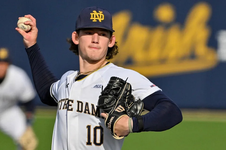 Notre Dame’s Rory Fox (10) pitches in the third inning against Western Michigan Tuesday, March 19, 2024, at Frank Eck Stadium.