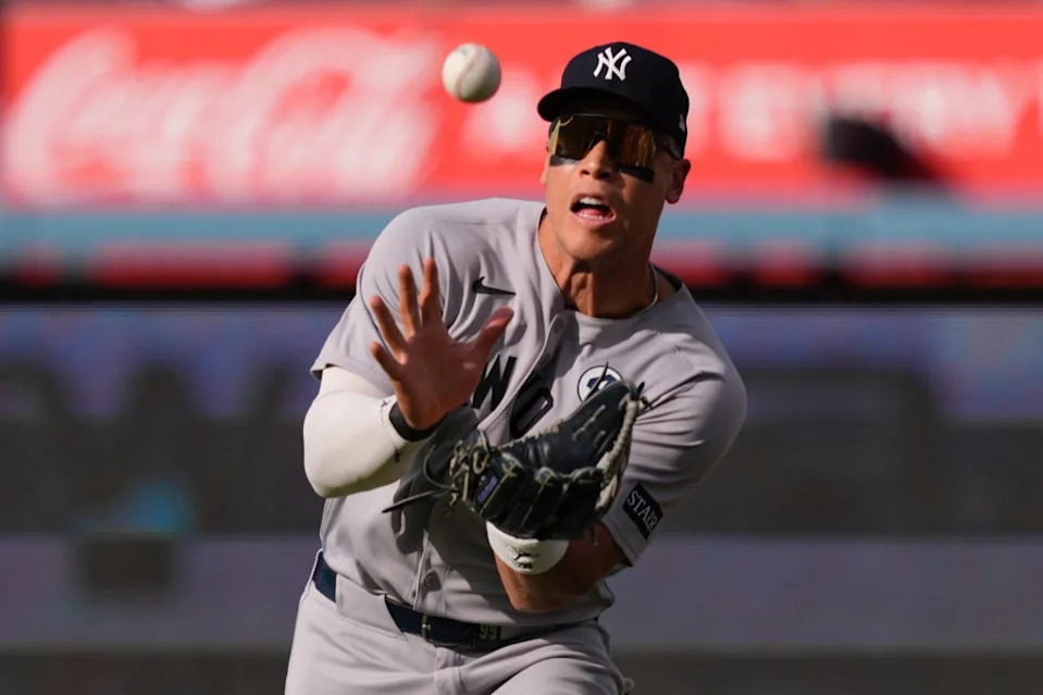 New York Yankees right fielder Aaron Judge makes a catch on a ball hit by Los Angeles Dodgers’ Will Smith during the fourth inning of a baseball game on Sunday, June 1, 2025, in Los Angeles. AP