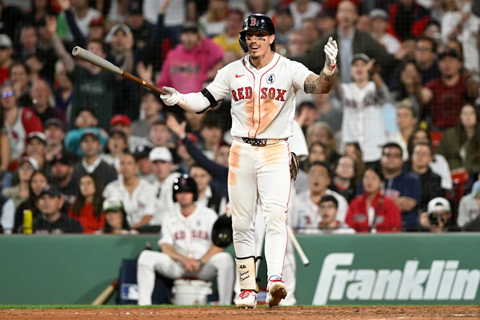 Boston Red Sox outfielder Jarren Duran (16) reacts after striking out against the Los Angeles Angels during the eighth inning at Fenway Park.Brian Fluharty-Imagn Images
