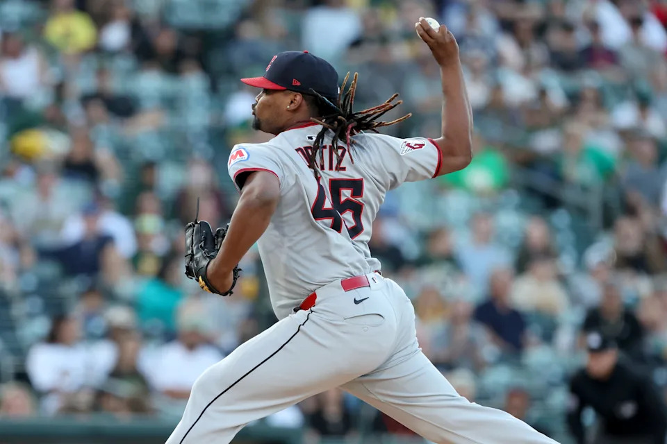 Cleveland Guardians starting pitcher Luis L. Ortiz throws a pitch against the Athletics on June 21, 2025, in West Sacramento, California.