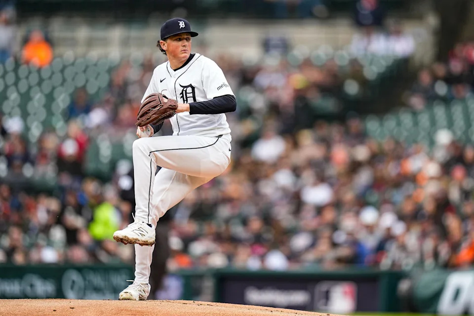 Detroit Tigers pitcher Reese Olson (45) throws against Chicago White Sox during the first inning at Comerica Park in Detroit on Saturday, April 5, 2025.