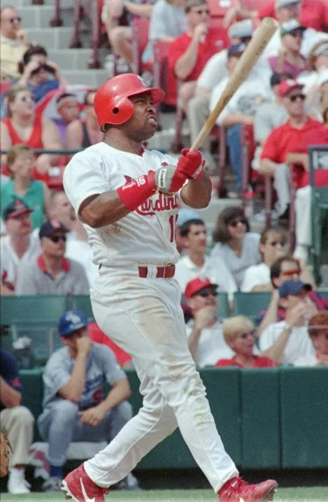 St. Louis Cardinals’ Ray Lankford watches the ball leave the park after hitting a two-run homer in the ninth inning to defeat the Los Angeles Dodgers, Sunday, May 16, 1999, at Busch Stadium in St. Louis. It was Lankford’s second home run of the game. (AP Photo/Mary Butkus)